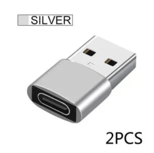 USB male to Type-C female adapter in black or silver colour with plastic stainless steel construction
