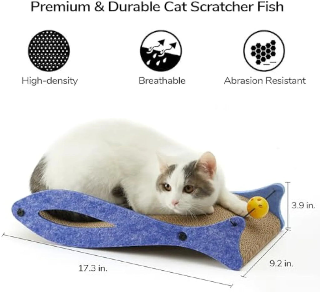 Blue fish-shaped cat scratcher with bell ball toy on elastic cord, dimensions 46x25x10cm
