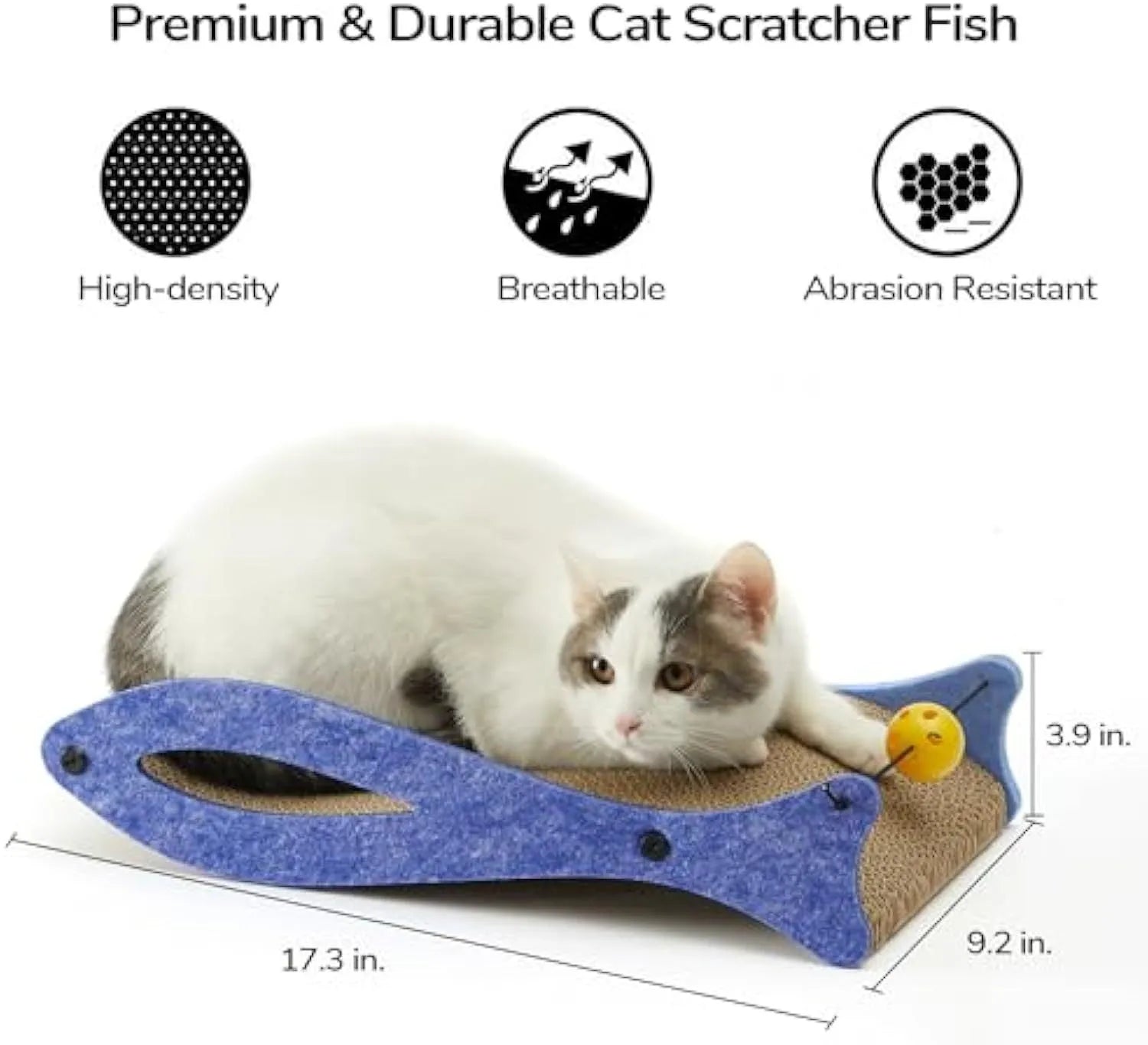 Blue fish-shaped cat scratcher with bell ball toy on elastic cord, dimensions 46x25x10cm