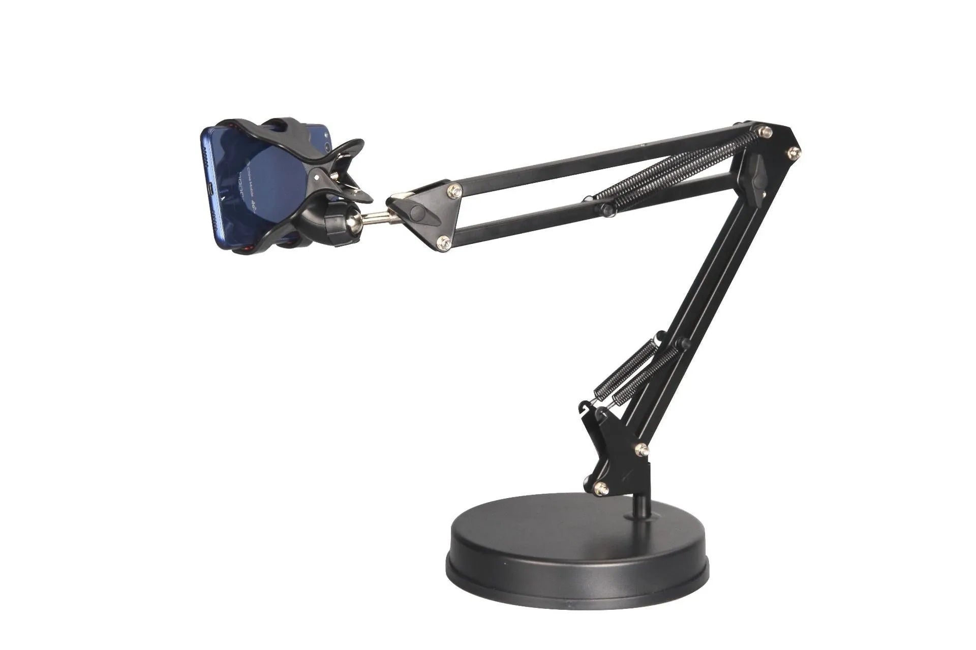Black adjustable metal phone stand with long arm and rotating head on circular base