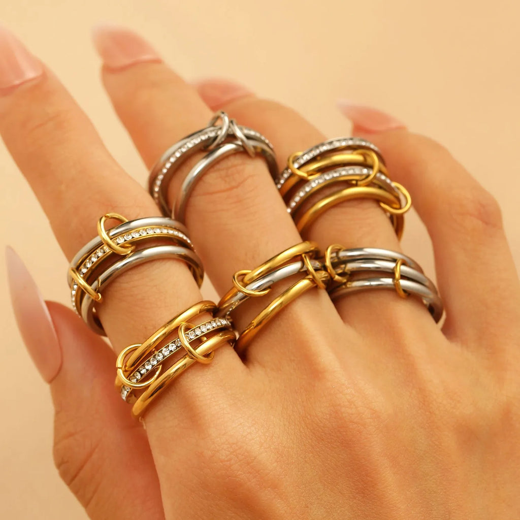 Multi-layer contrast colour stacked ring in stainless steel, women's style, sizes 5 to 11, gold and steel colour options