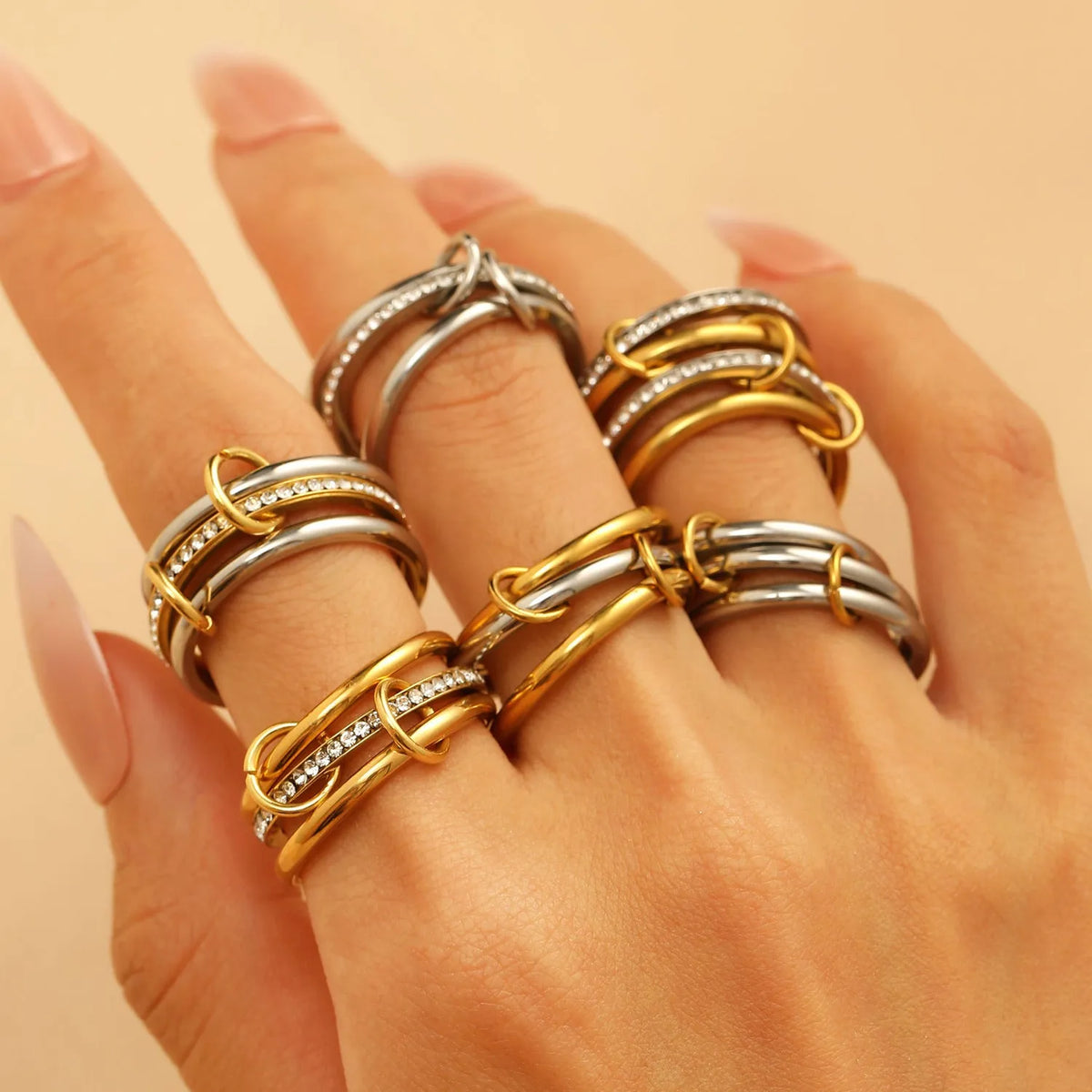 Multi-layer contrast colour stacked ring in stainless steel, women's style, sizes 5 to 11, gold and steel colour options