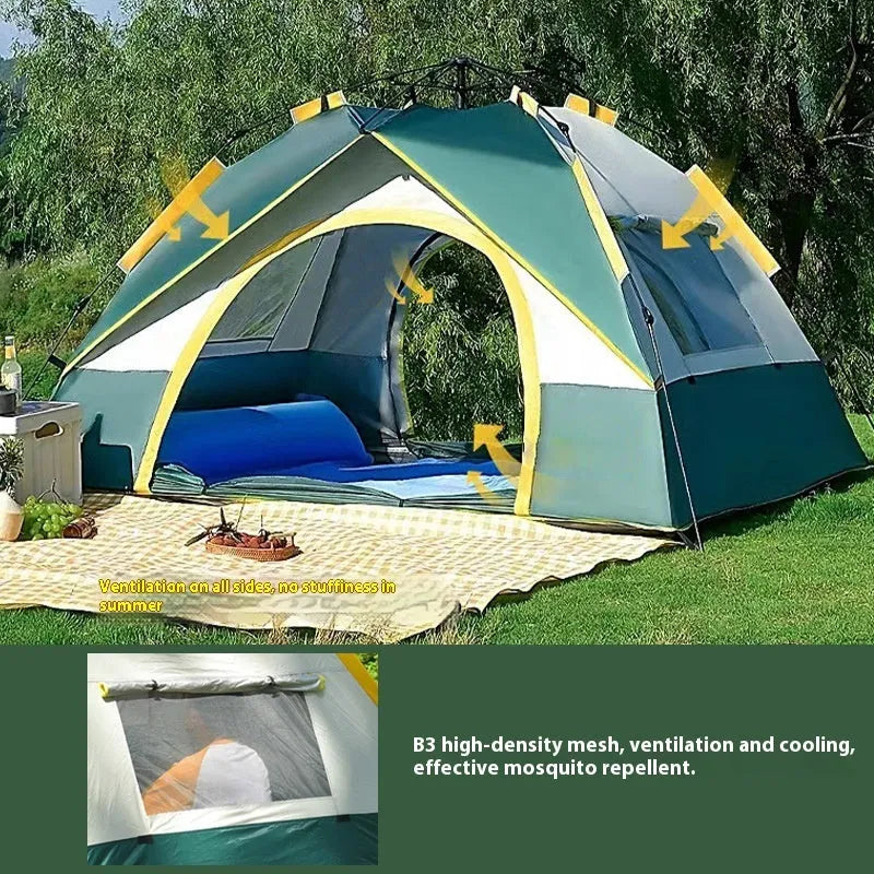 Dark green silver glue automatic tent for 3-4 people with quick-open design, 220 x 200 x 140 cm dimensions