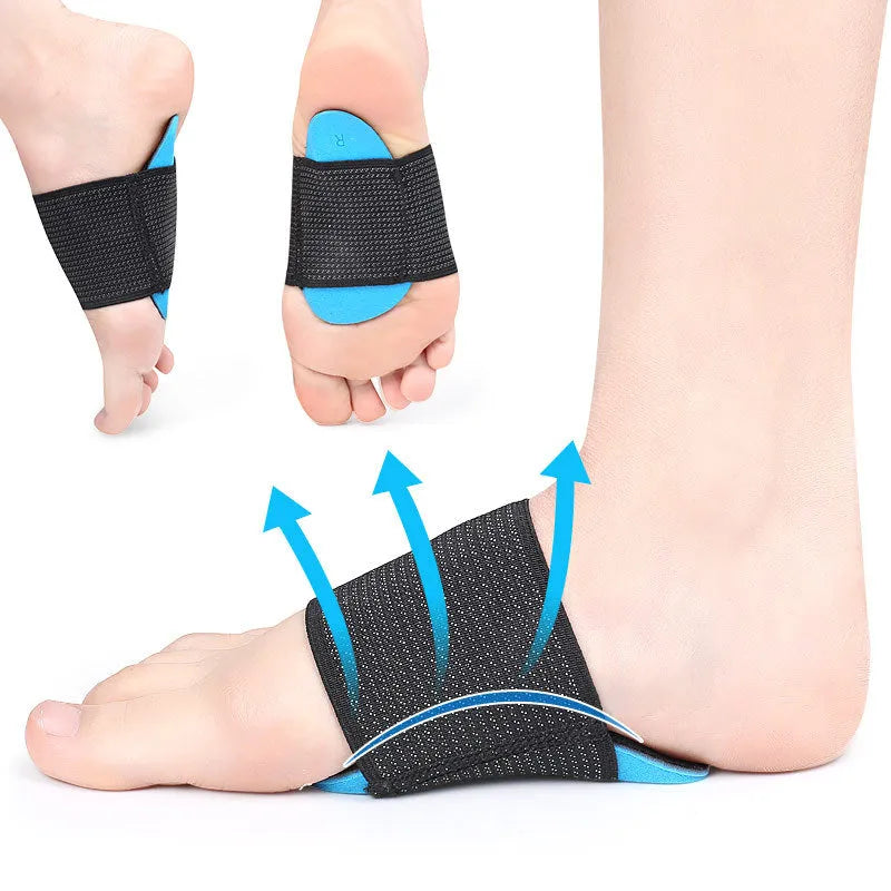 Blue elastic bandage foot pads with arch support for men and women, made from EVA, nylon, polyester-latex, and silk materials