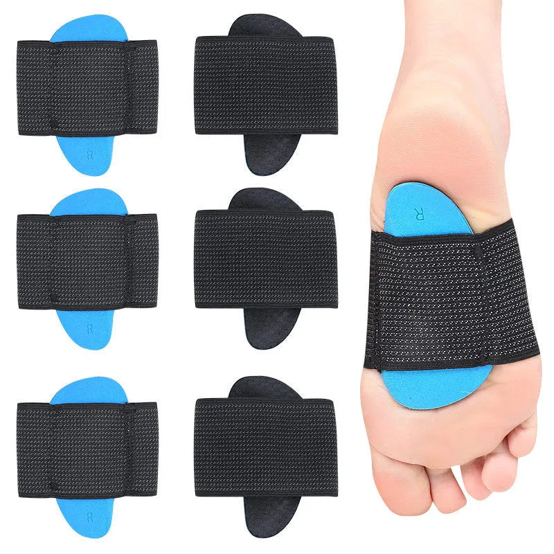 Blue elastic bandage foot pads with arch support for men and women, made from EVA, nylon, polyester-latex, and silk materials