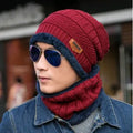 Wool knitted hat and crossed scarf neck warmer set in black, coffee and grey with cable knit and embroidery.