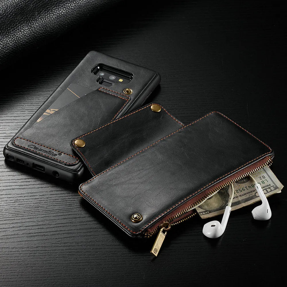 Samsung Note9 leather flip case in black showing PU leather construction and flip design