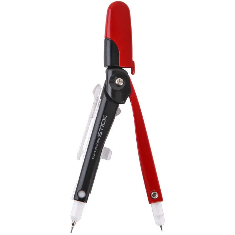 Blue automatic pen with integrated compass, protective cover, shown at 122mm length next to a pencil case.