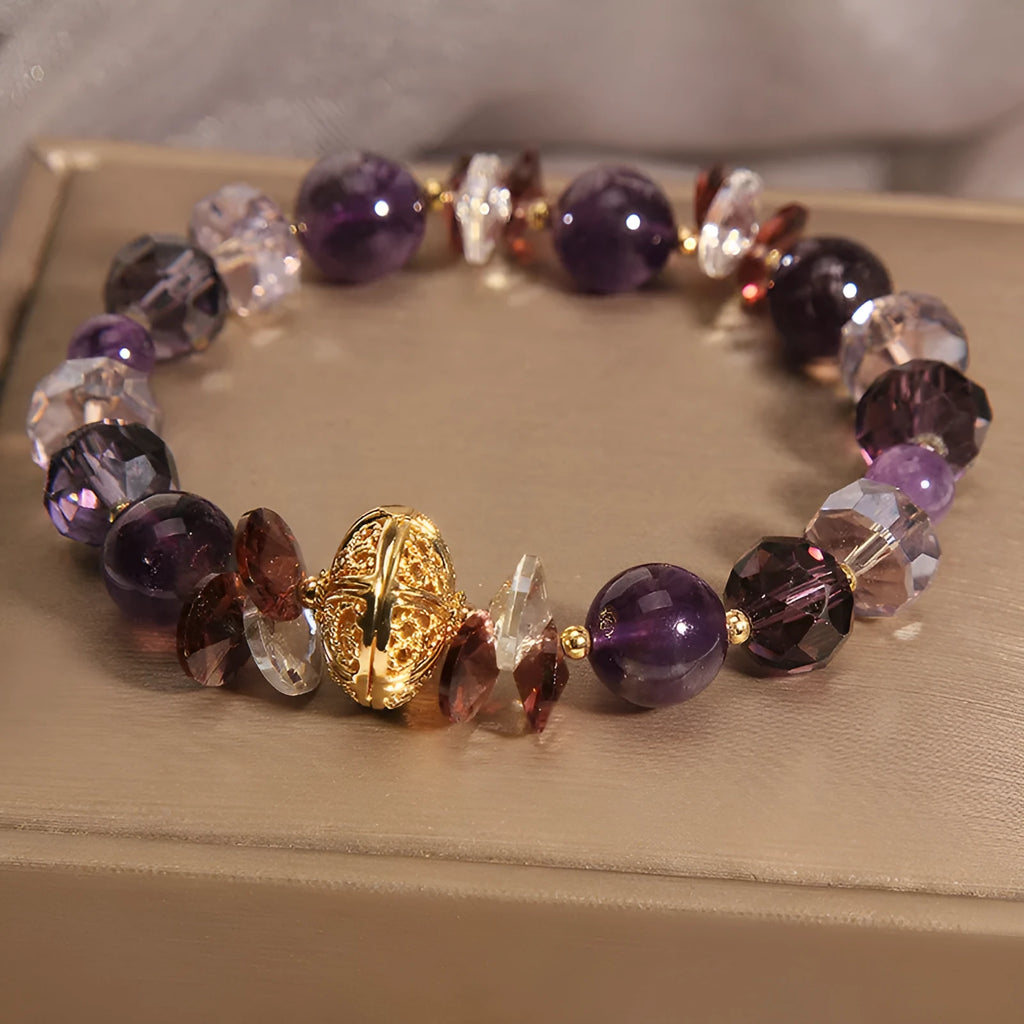 Purple crystal bracelet with pumpkin beads and rhinestone details for women