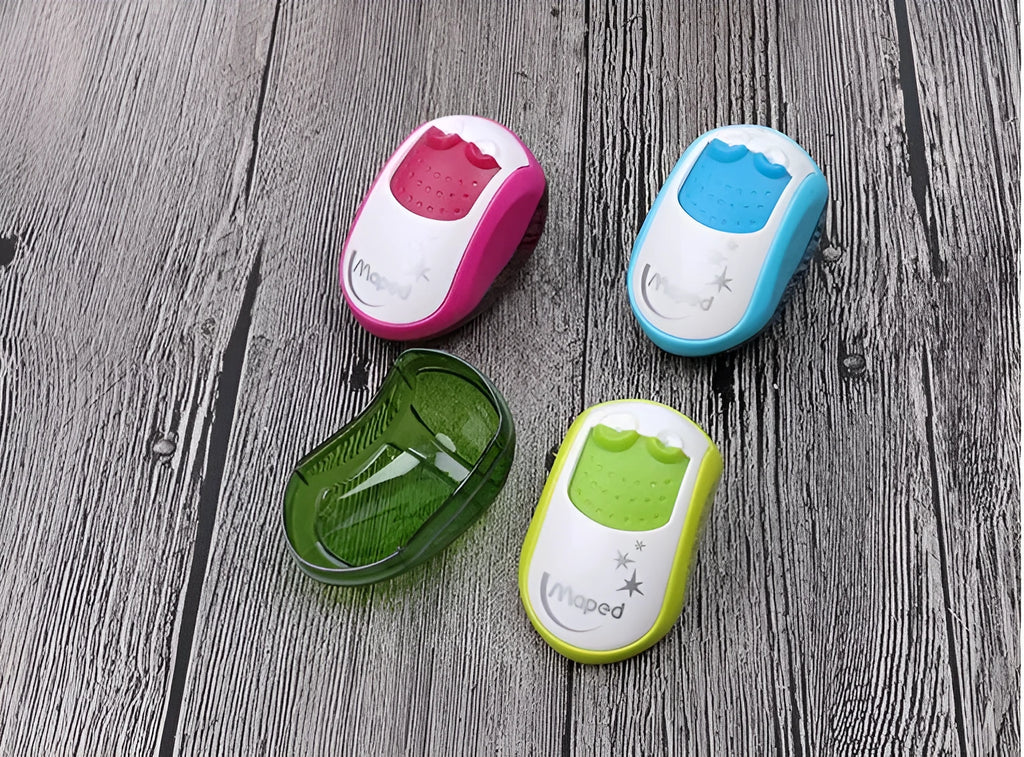 Single hole pencil sharpener with solid closed design for normal and thick pencils in random colour selection