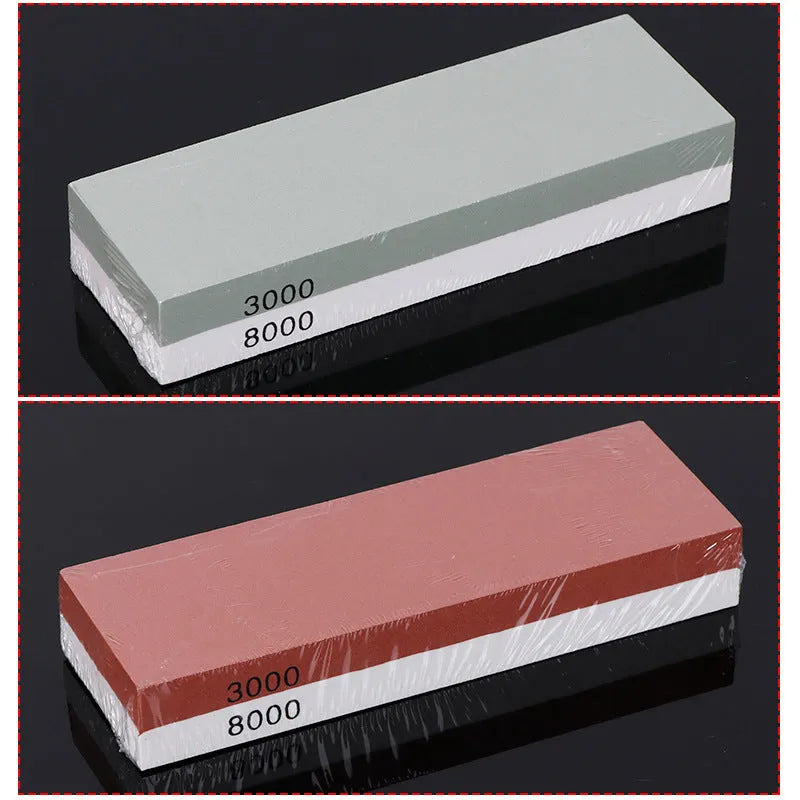 White corundum kitchen whetstone with bamboo base and sharpening accessories in green and white colour scheme