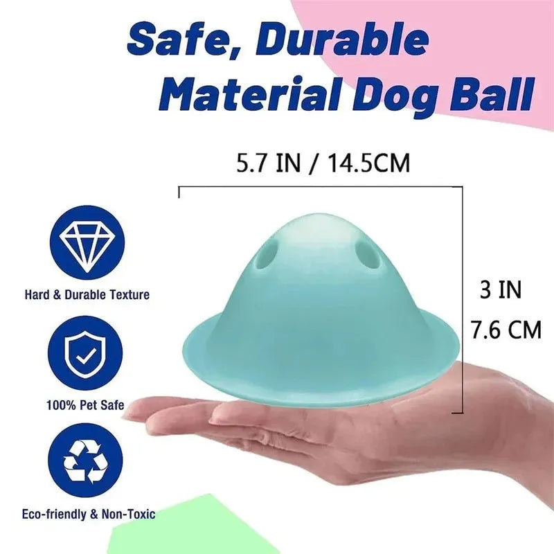 Large green interactive dog puzzle toy with treat slots on a floor.