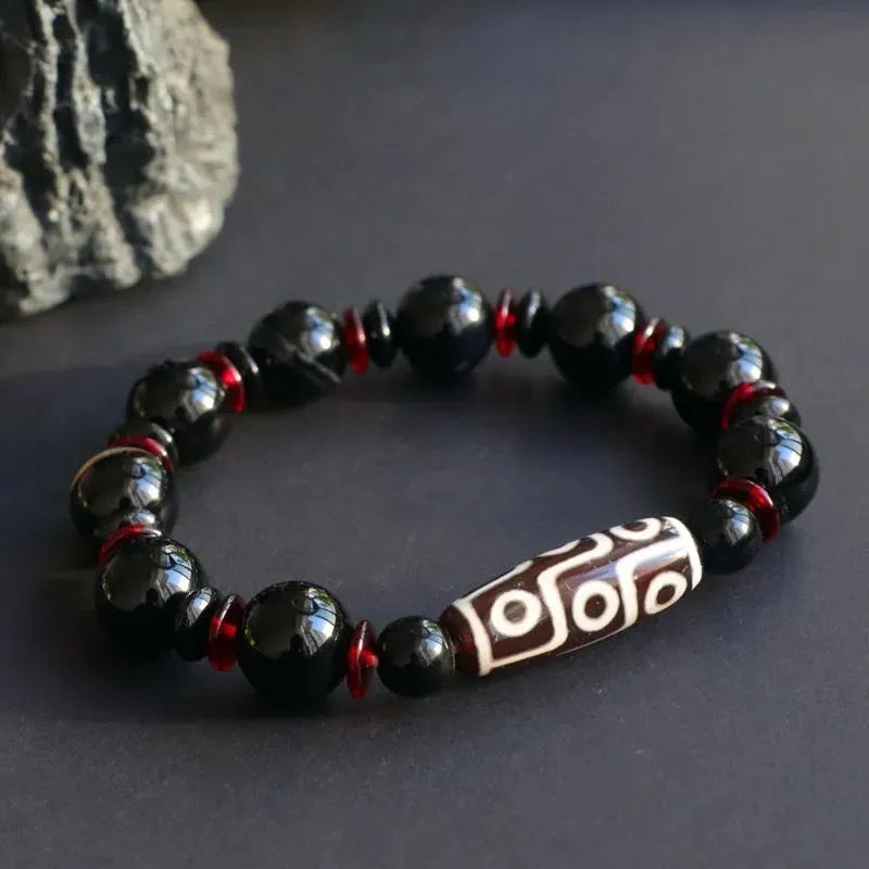 Hand-woven black agate dzi bead bracelet with 11mm geometry beads in national style design
