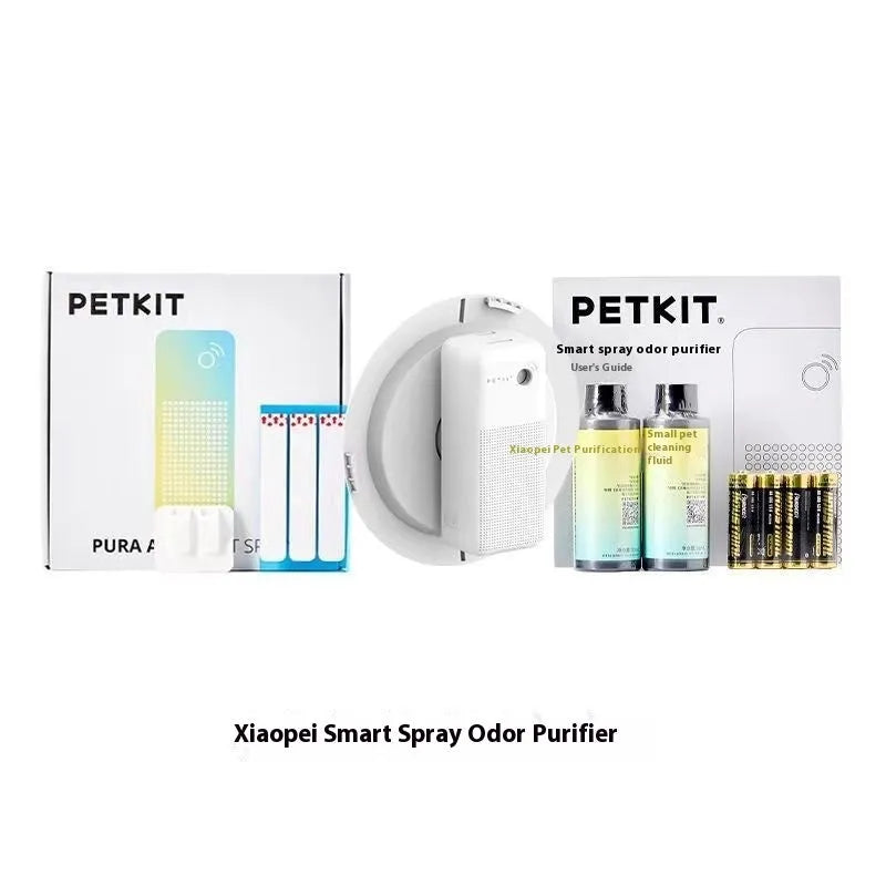 Smart Spray Odor Removal Machine for pet litter boxes, with battery compartment, mounting bracket, and purification liquid bottles.