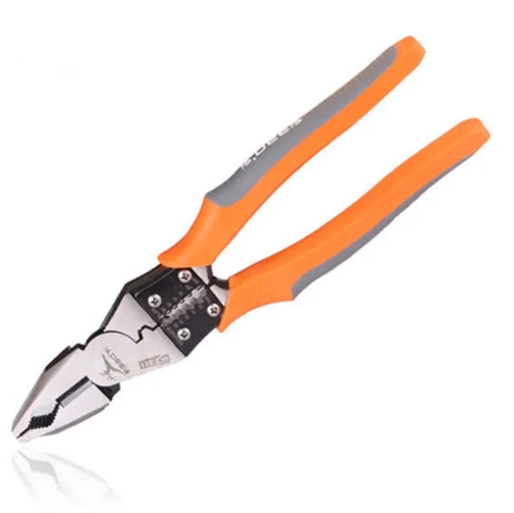 Orange multi-function wire cutter with chrome molybdenum steel head and textured PVC handles for electrical work