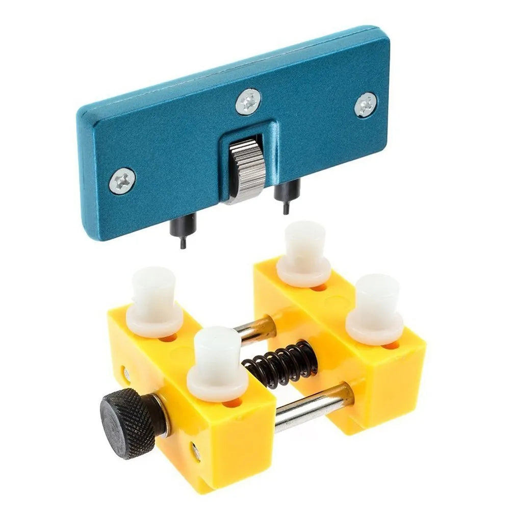 Yellow plastic watch case opener tool and fixing base set for DIY battery replacement