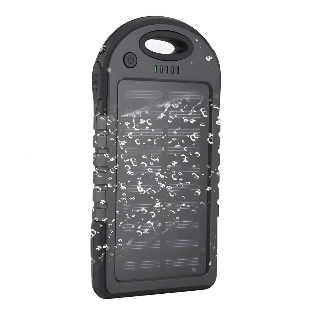 Black 4000mAh solar power bank with plastic soft case shell, measuring 143 x 75 x 15mm, for outdoor emergency charging