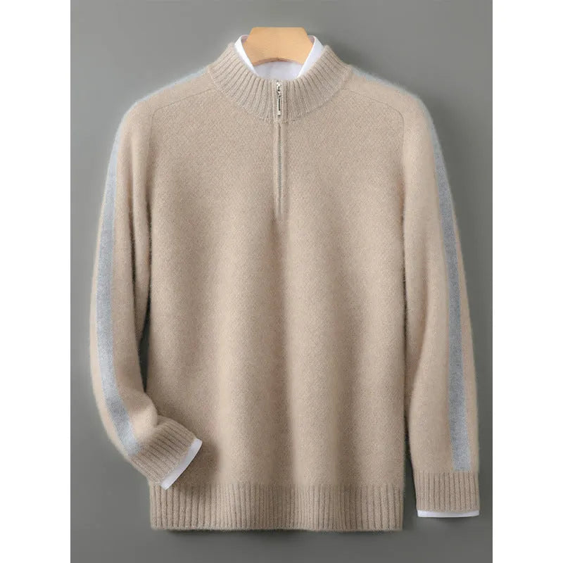 Sheep wool sweater with half-height zip and round neck in slim fit, showing standard wool yarn texture