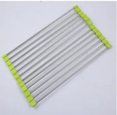 Folding stainless steel dish drainer rack in blue, shown over a kitchen sink