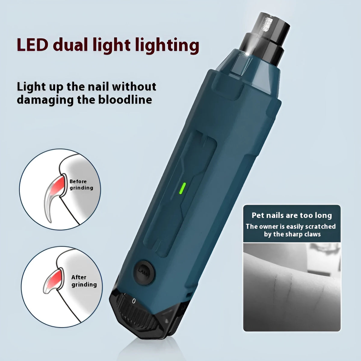 Dark blue pet nail grinder with rotary speed knob and LED light on a white background.