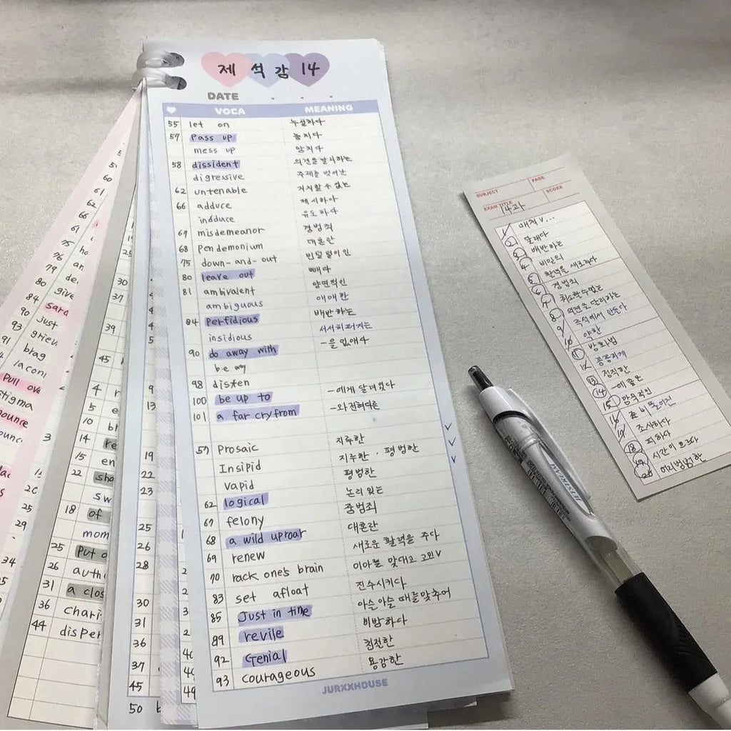 B5 half notepad with double-sided printing in blue cover, showing 9.1 x 25.7cm size and 30 sheets