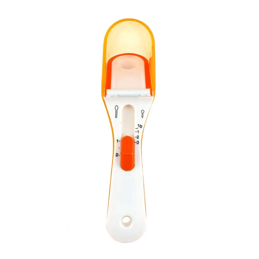 Orange and blue digital measuring spoons with magnetic snaps and hanging hole for kitchen storage