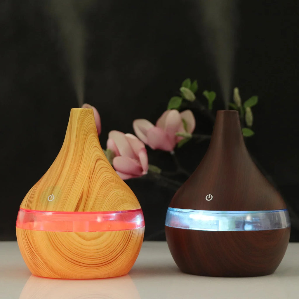 Columnar USB mini air humidifier in light wood grain finish with remote control