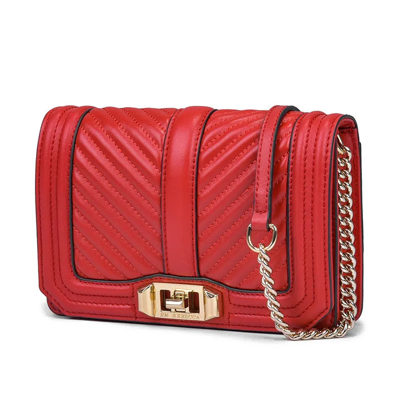 Women's rhombic chain shoulder bag in first layer cowhide with plaid pattern, cover type opening and cotton lining