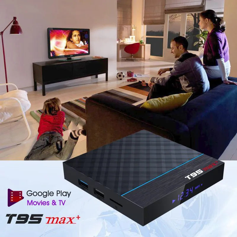 Black T95 Max Plus Android TV box unit with Amlogic S905X3 processor for 4K streaming.