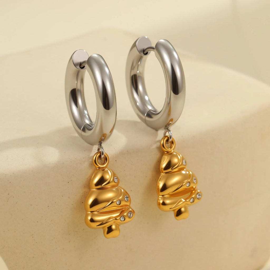 A pair of stainless steel Christmas tree and heart shaped earrings with 18K gold electroplating.