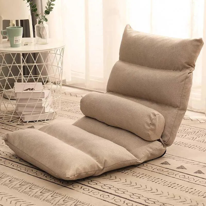 Beige adjustable backrest lazy sofa floor chair folded flat showing fabric texture and reclining mechanism