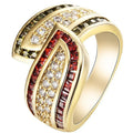 Gold-coloured women's alloy ring with a central green peridot stone on a model's finger.