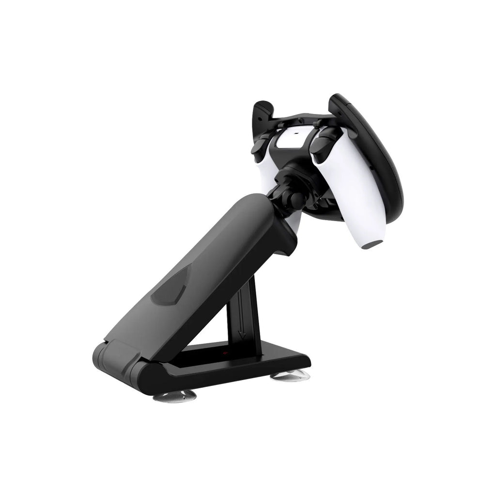 Black gamepad steering wheel bracket with suction cup mount on a flat surface