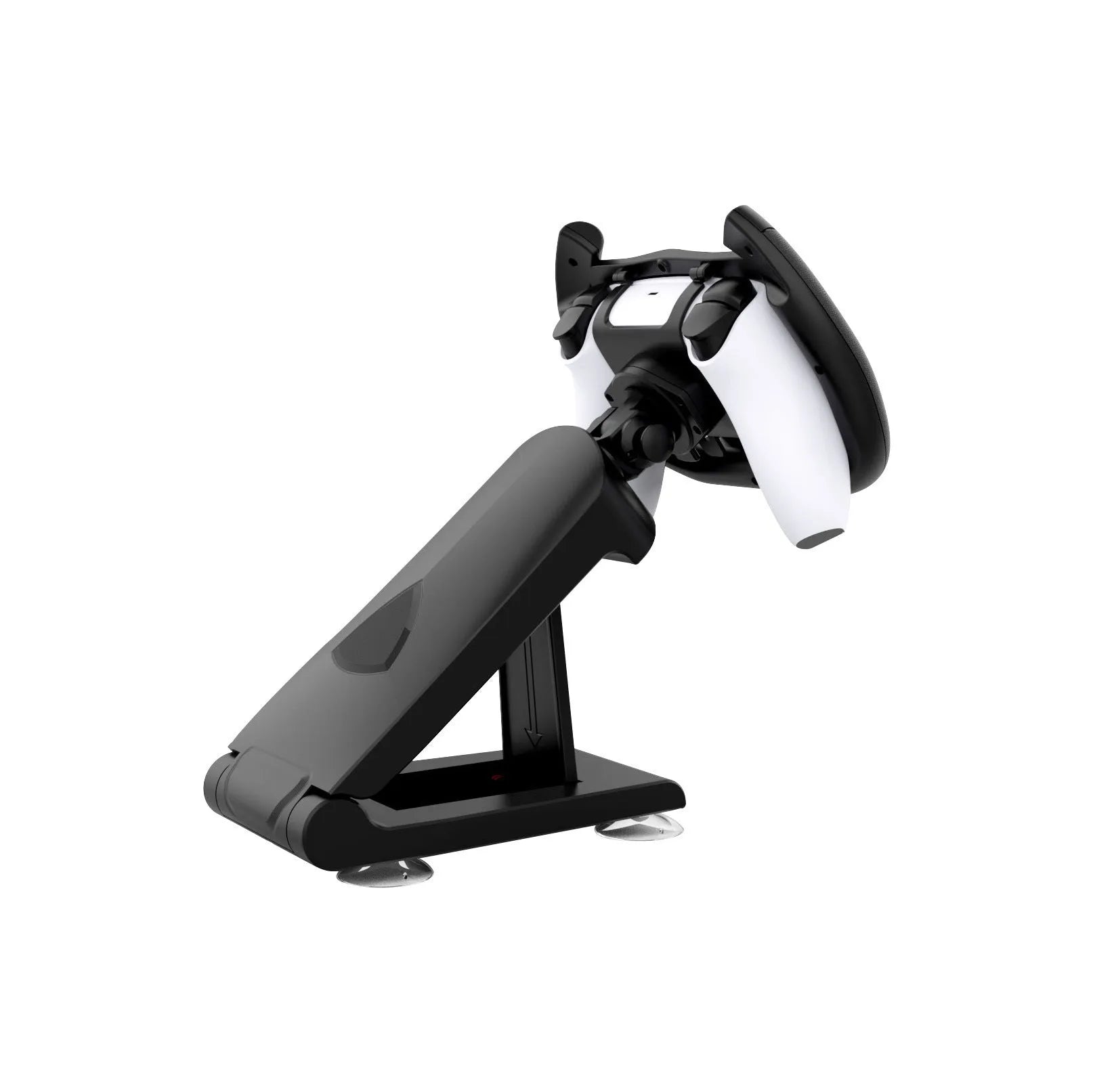 Black gamepad steering wheel bracket with suction cup mount on a flat surface