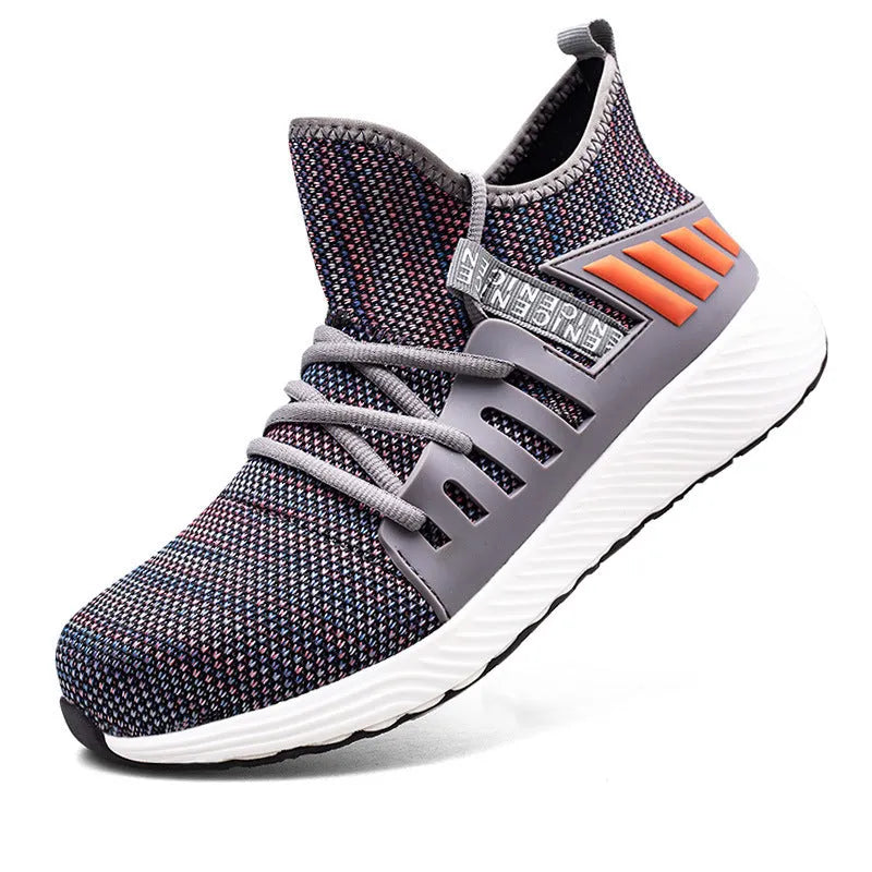 Grey low-top anti-smash and anti-stab safety shoes with woven upper and anti-slip EVA sole, sizes 35-48