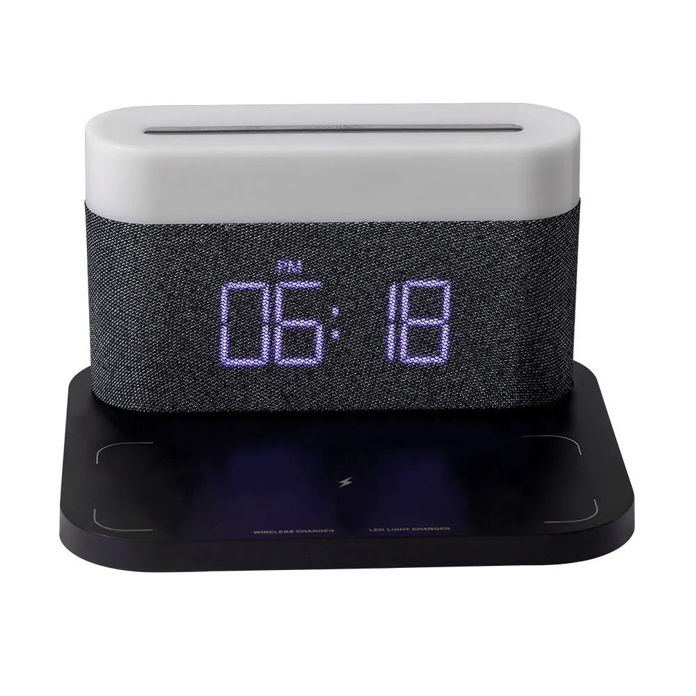 White wireless charging table lamp with digital clock display and bedside lighting functions