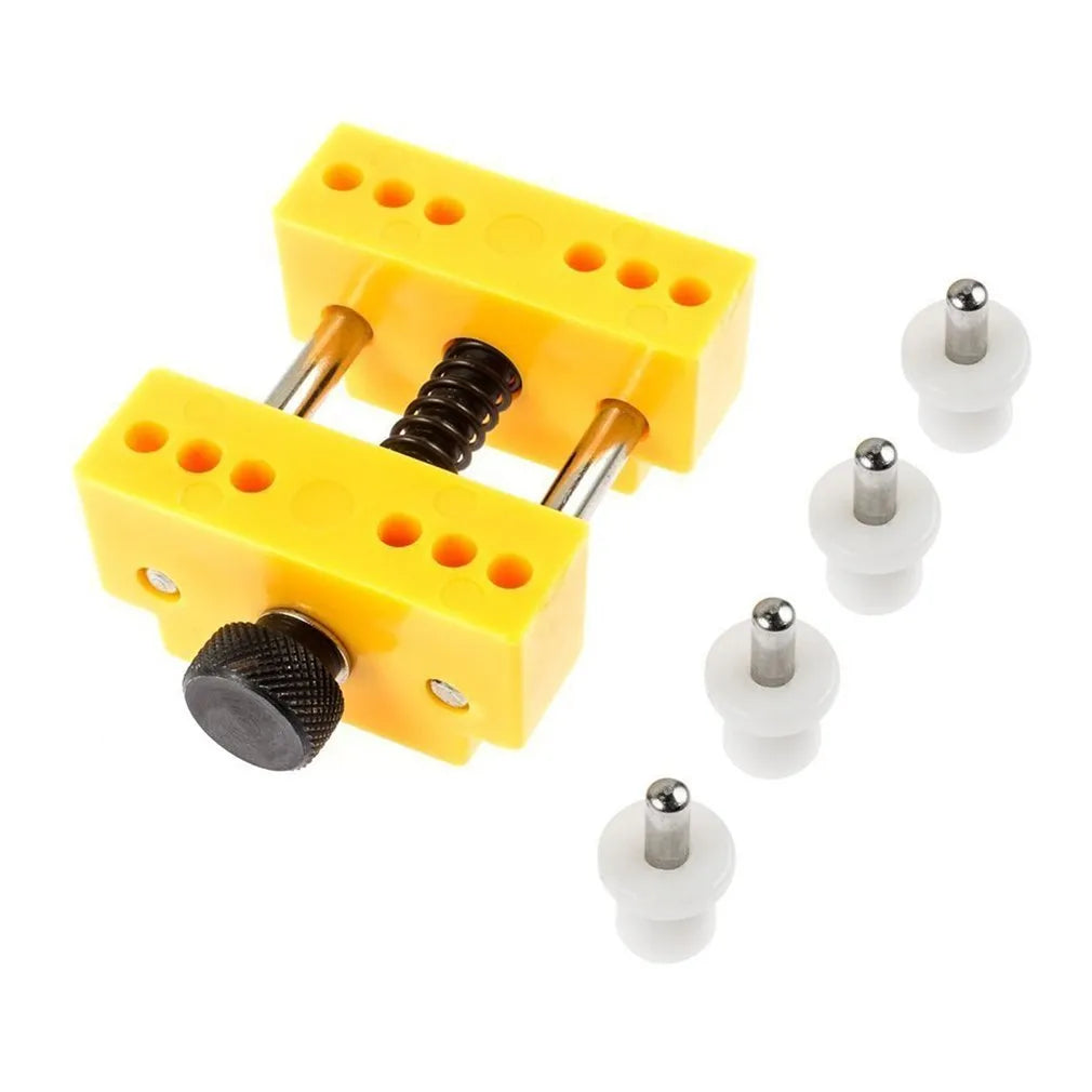 Yellow plastic watch case opener tool and fixing base set for DIY battery replacement
