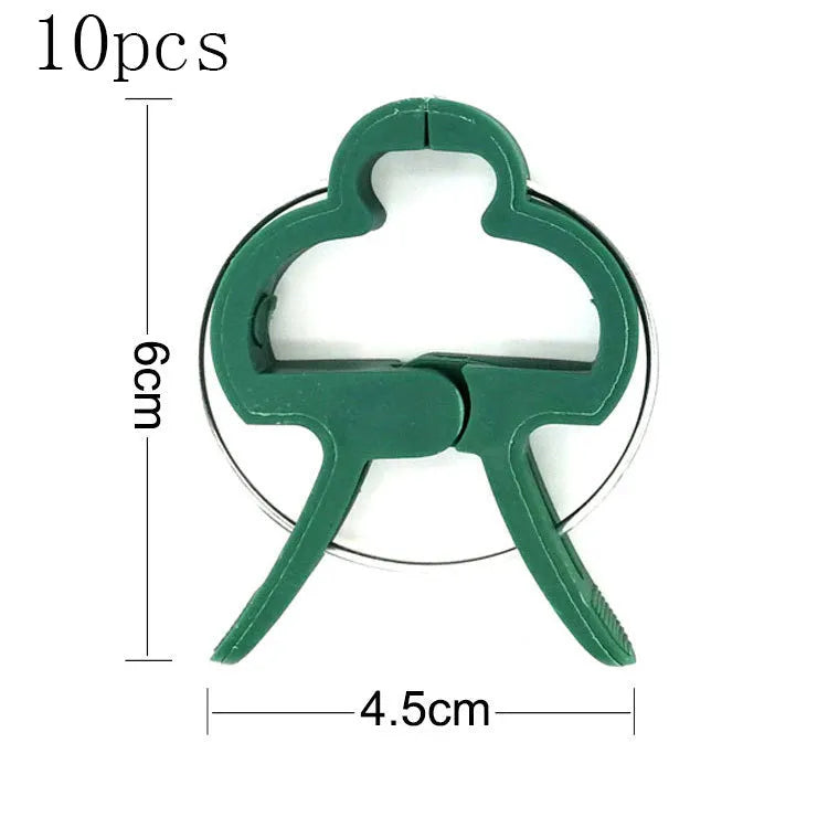 Green plant fixing clips holding tomato vine to support stake without damaging stem
