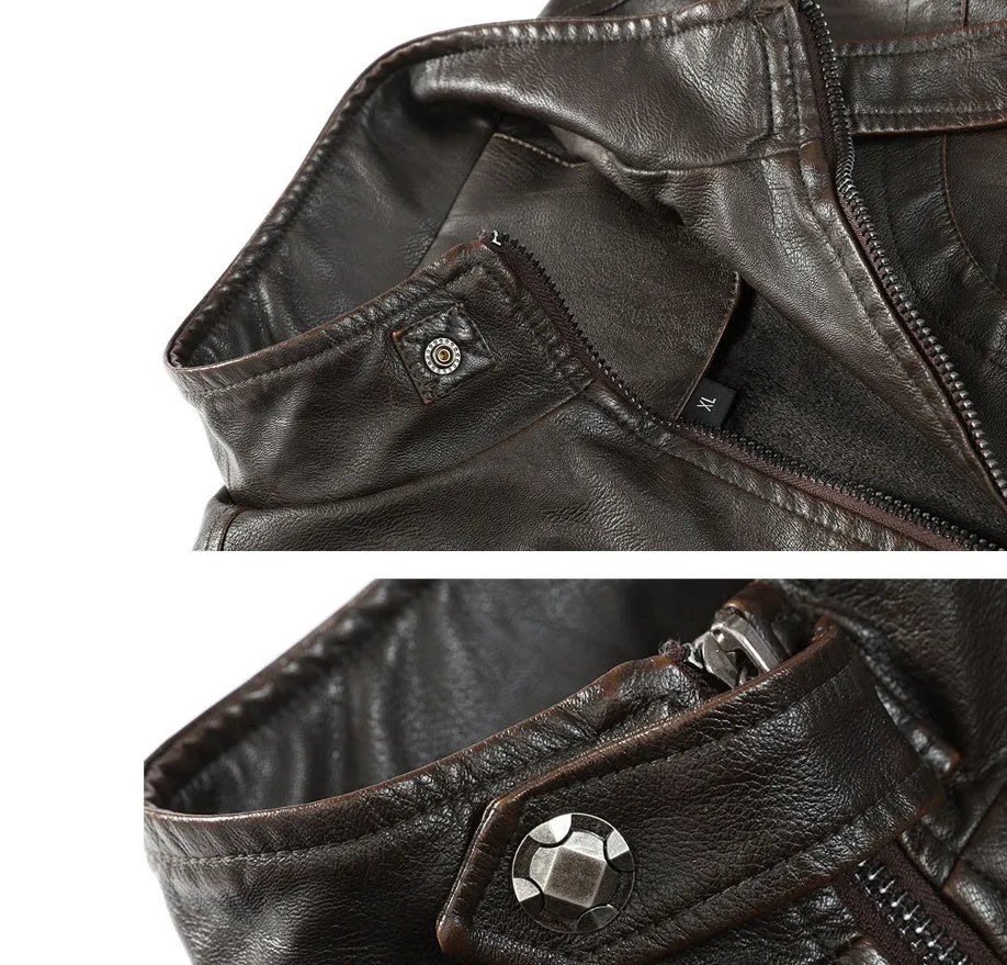 PU leather jacket in black, coffee, or khaki with washed finish, sizes L to 5XL