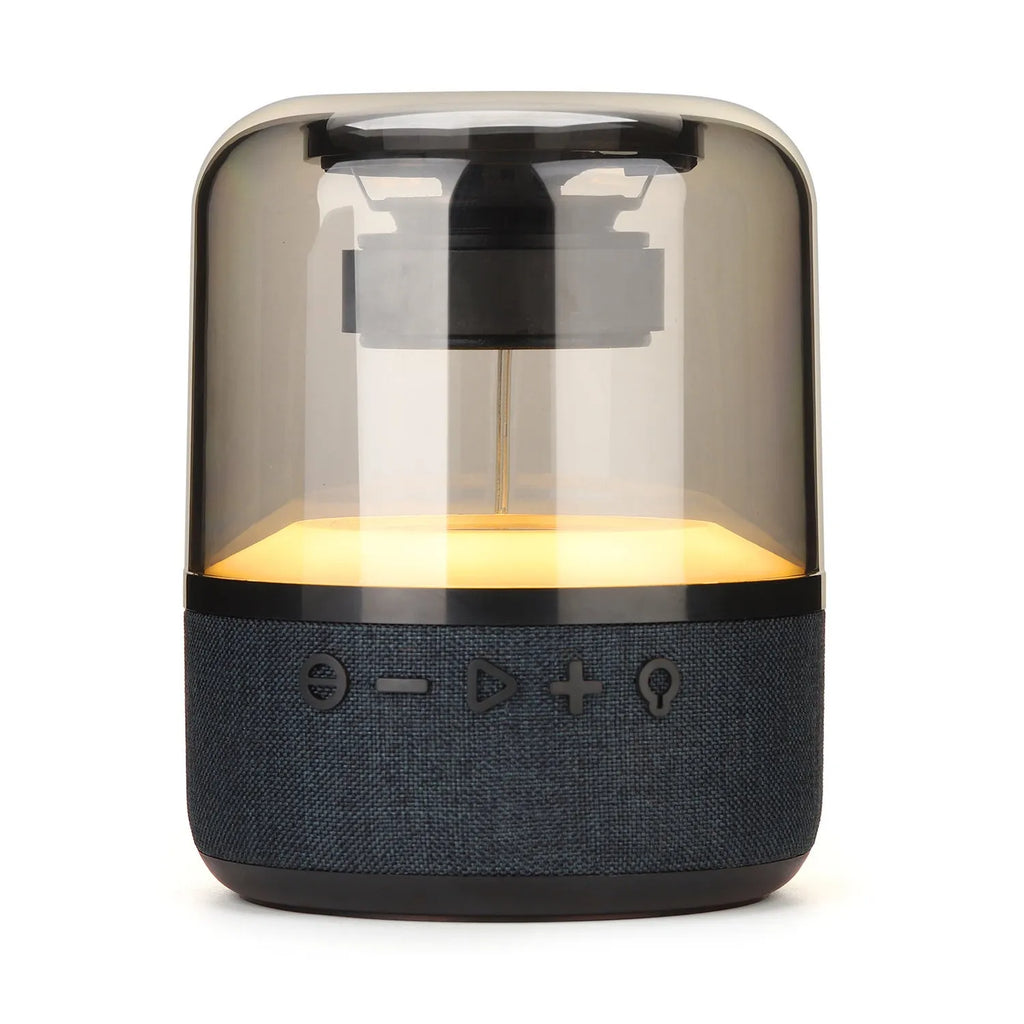 Black wireless Bluetooth speaker with 360-degree sound, compact design, and mechanical keys for control