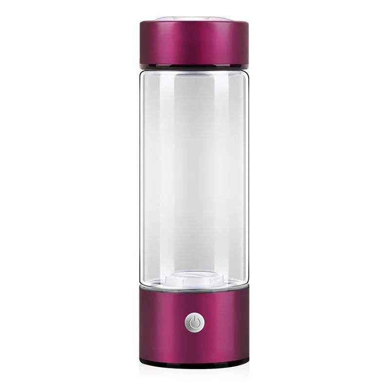 Hydrogen water bottle with borosilicate glass cylinder and electric hydrogen generator in silver colour