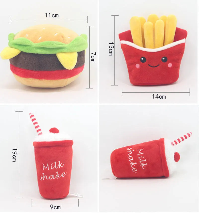 Plush pet toys in hamburger, french fries and milkshake cup colours