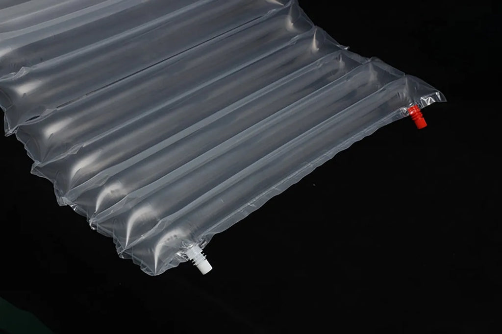 Transparent inflatable camping airbed showing dimensions and sturdy construction.