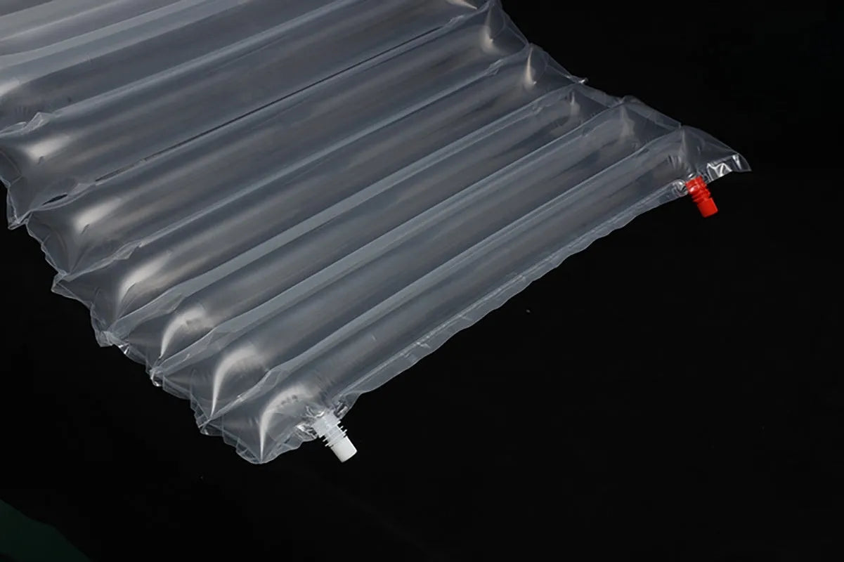 Transparent inflatable camping airbed showing dimensions and sturdy construction.