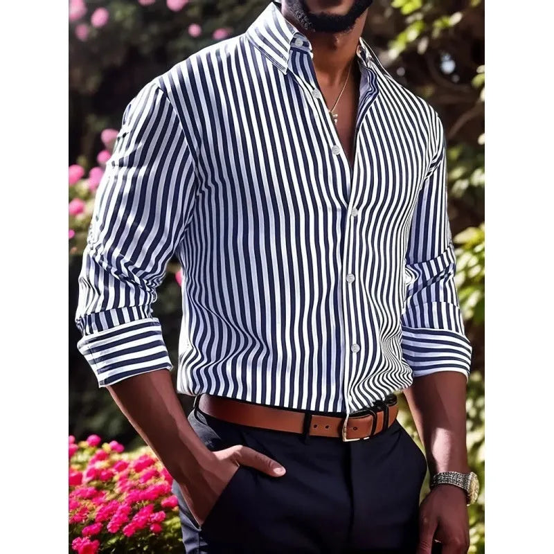 Men's slim fit striped long sleeve shirt in polyester, business commute style, sizes XS to 6XL