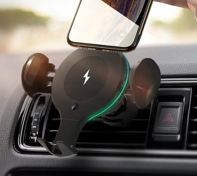 Car wireless charging stand with infrared sensor, ABS and silicone body, 250g, includes outlet and 3M adhesive brackets.