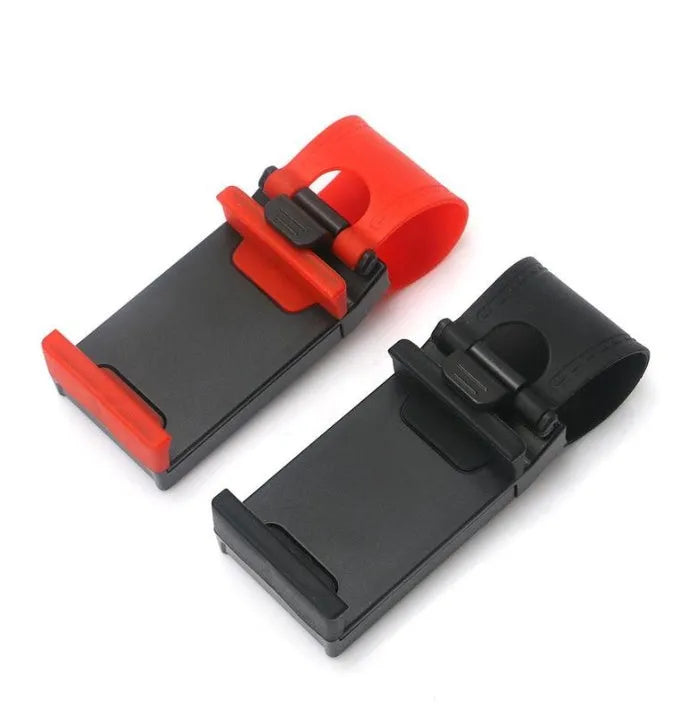 Black steering wheel phone holder mounted showing phone compatibility with dimensions 75x40x25mm