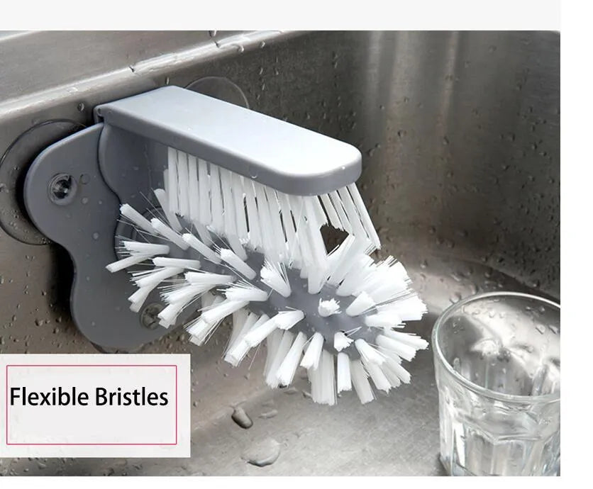Grey rotating double-head cup cleaning brush with suction cups for wall mounting