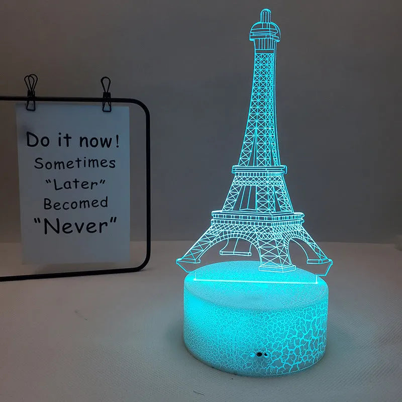 Seven colour Eiffel Tower silhouette 3D visual acrylic table lamp with touch control.