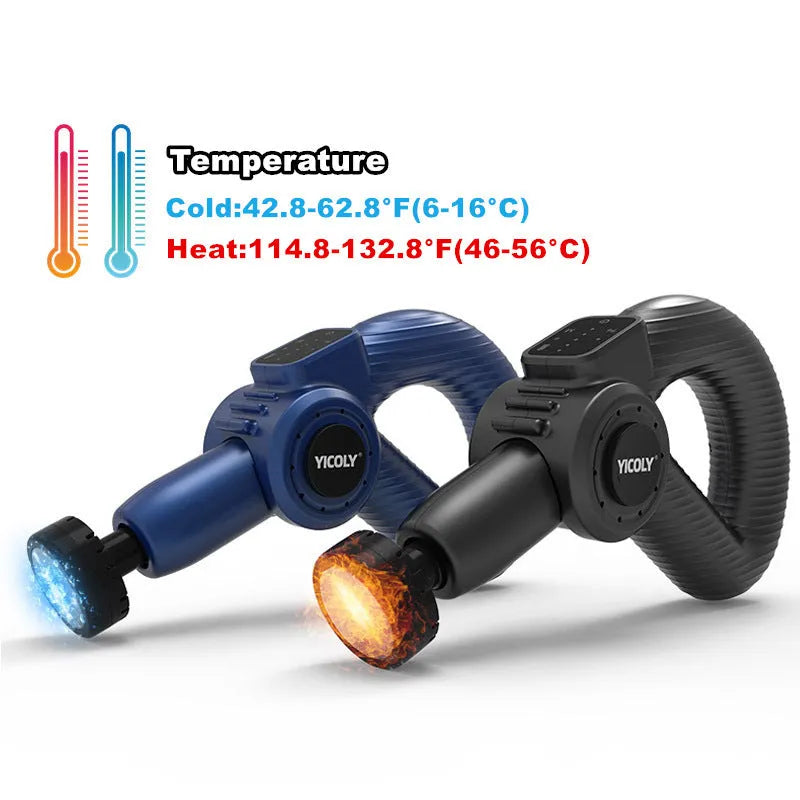 Black Smart Muscle Massage Gun with adjustable hot and ice compress modes, five massage heads, and compact design